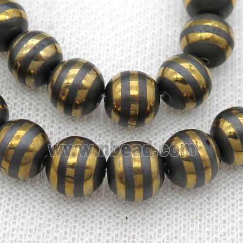 black Hematite beads with golden line, round, matte
