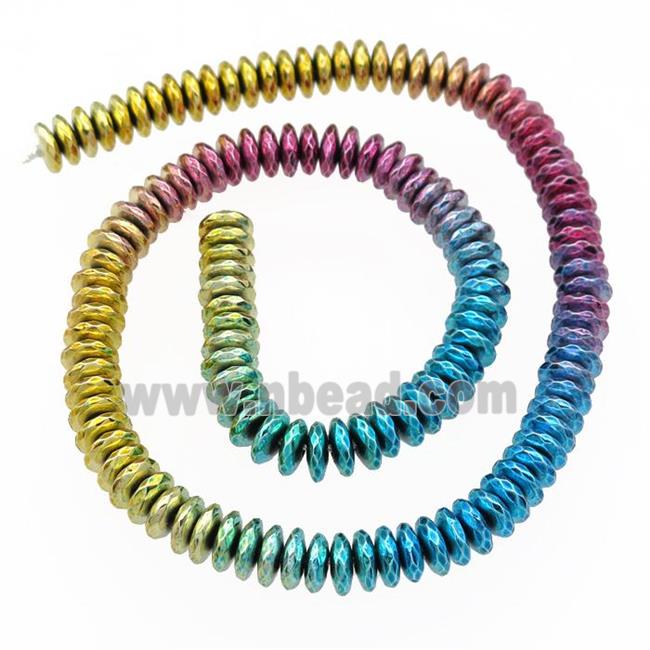Hematite beads, faceted rondelle, mixed color, electroplated