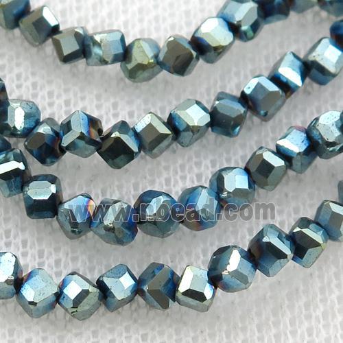 Hematite beads, corner-drilled cube, green electroplated