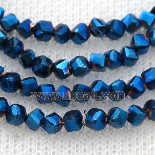 Hematite beads, corner-drilled cube, blue electroplated
