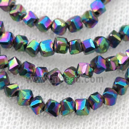 Hematite beads, corner-drilled cube, rainbow electroplated