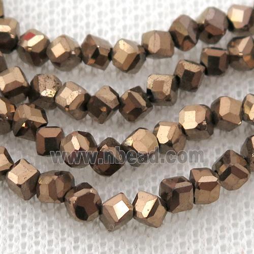 Hematite beads, corner-drilled cube, brown electroplated