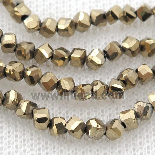 Hematite beads, corner-drilled cube, pyrite color electroplated