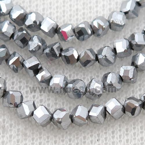 Hematite beads, corner-drilled cube, platinum electroplated