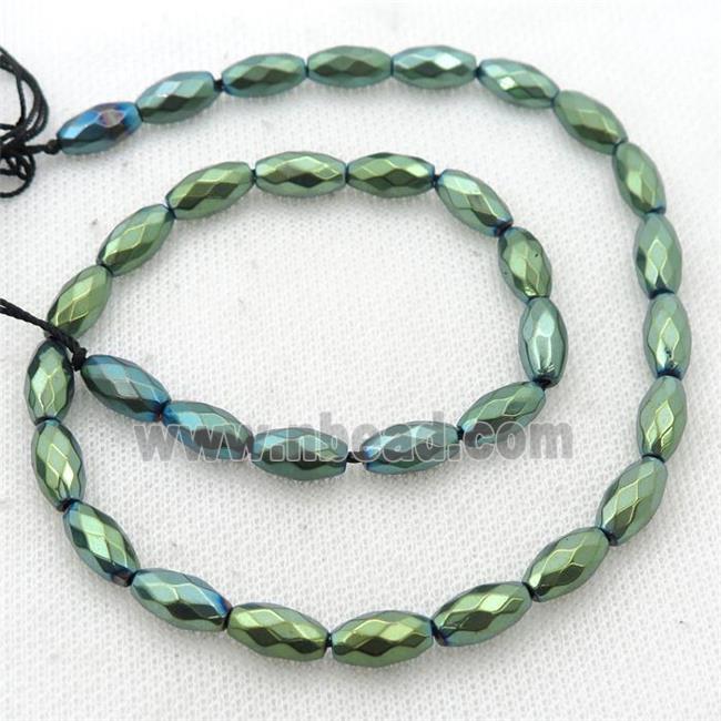 Hematite beads, faceted rice, green electroplated