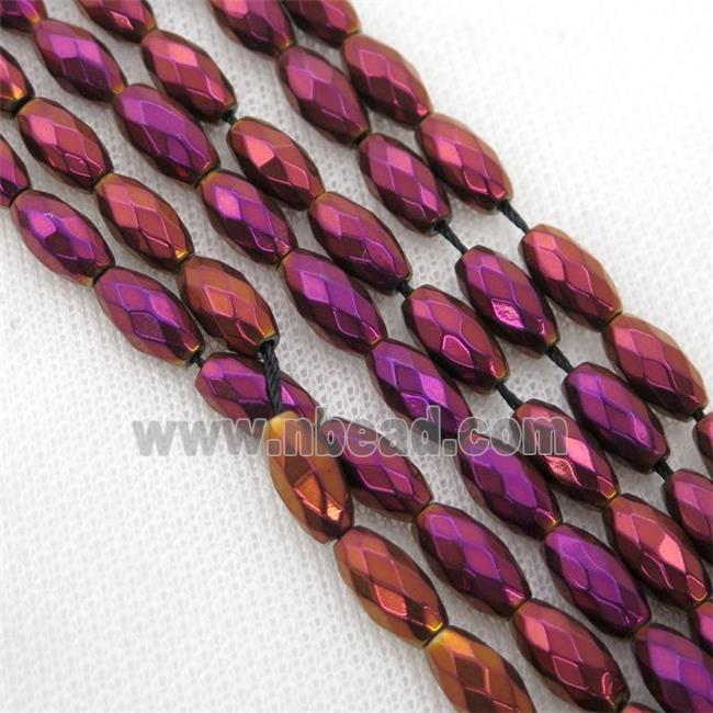 Hematite beads, faceted rice, fuchsia electroplated