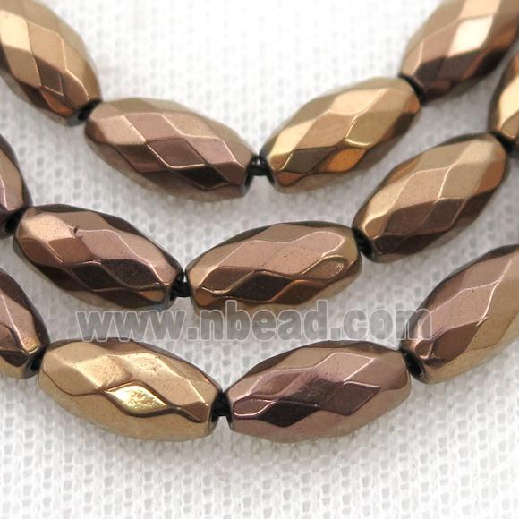 Hematite beads, faceted rice, brown electroplated