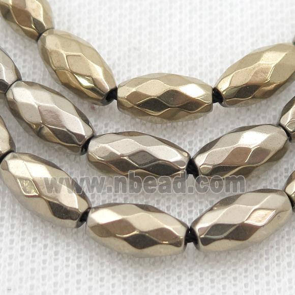 Hematite beads, faceted rice, pyrite color electroplated