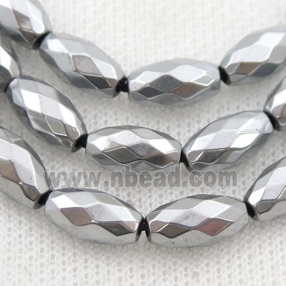 Hematite beads, faceted rice, platinum electroplated