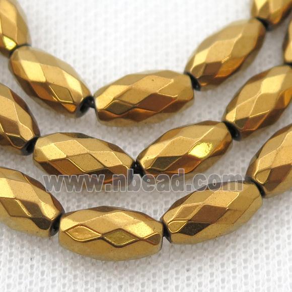 Hematite beads, faceted rice, gold electroplated