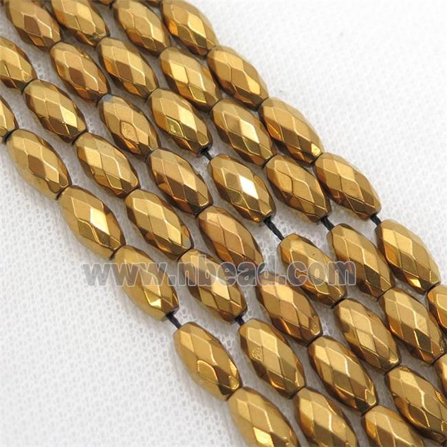 Hematite beads, faceted rice, gold electroplated