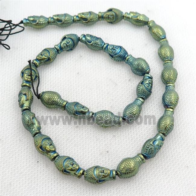 Hematite buddha beads, green electroplated