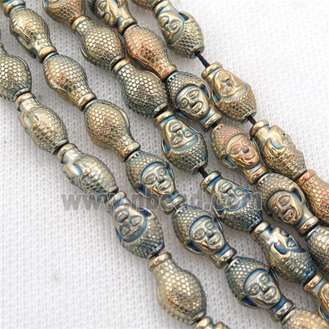 Hematite buddha beads, bluegold electroplated