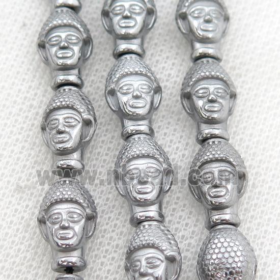 Hematite buddha beads, platinum electroplated