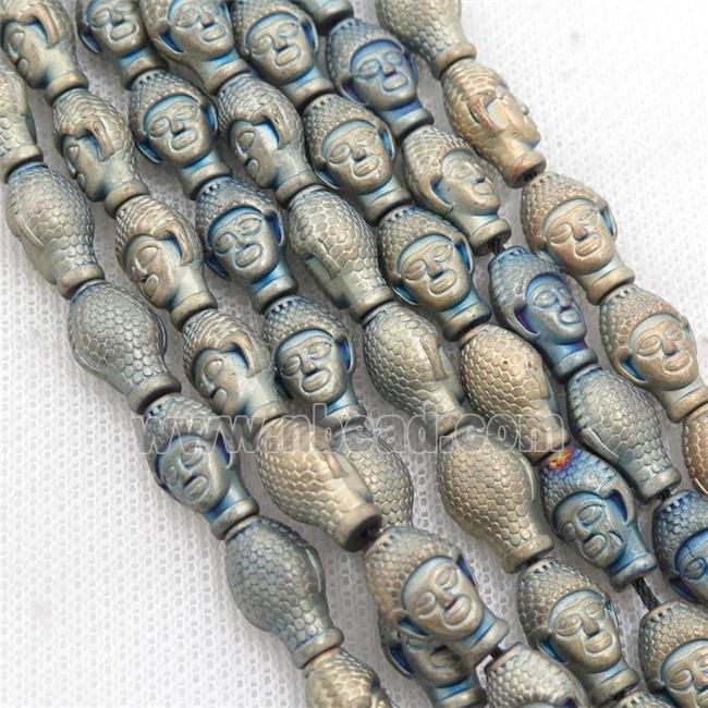 matte Hematite buddha beads, bluegold electroplated