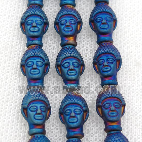 matte Hematite buddha beads, blue electroplated