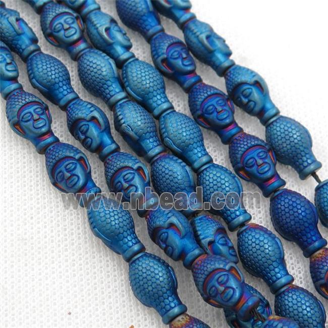 matte Hematite buddha beads, blue electroplated