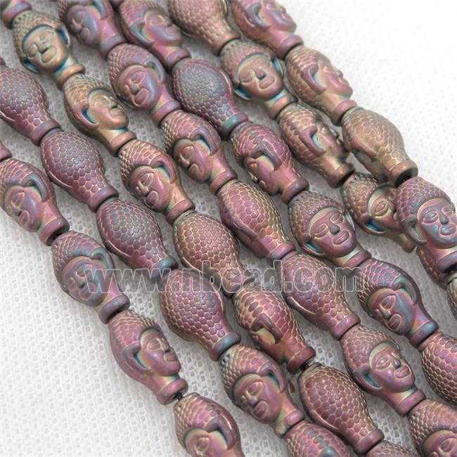 matte Hematite buddha beads, fuchsia electroplated