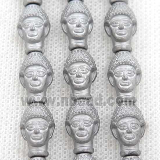 matte Hematite buddha beads, platinum electroplated