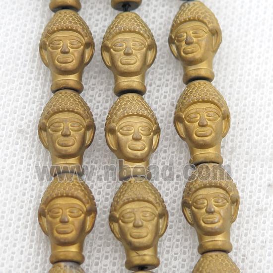 matte Hematite buddha beads, gold electroplated