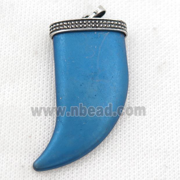 matte Hematite horn pendant, blue electroplated