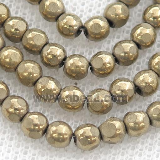 faceted round Hematite beads, pyrite color electroplated
