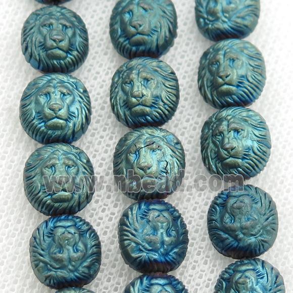 matte Hematite Lion Beads, green electroplated