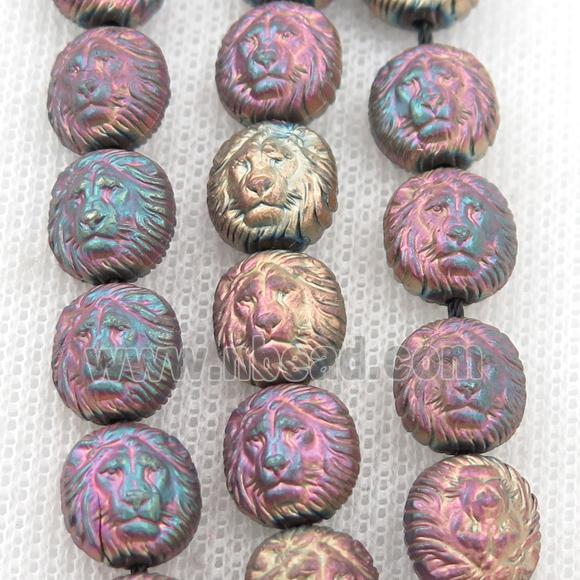 matte Hematite Lion Beads, fuchsia electroplated