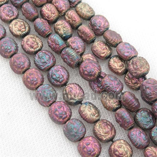 matte Hematite Lion Beads, fuchsia electroplated
