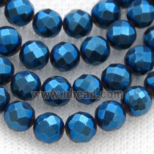Hematite beads, faceted round, blue electroplated