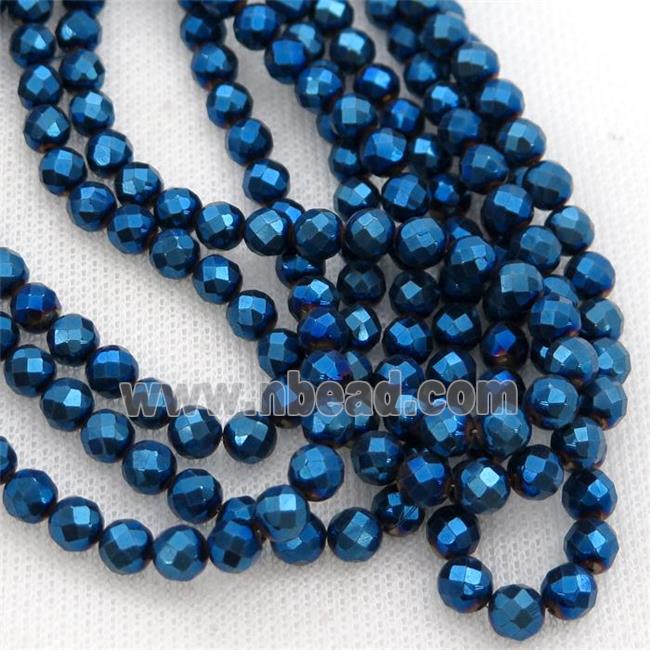Hematite beads, faceted round, blue electroplated