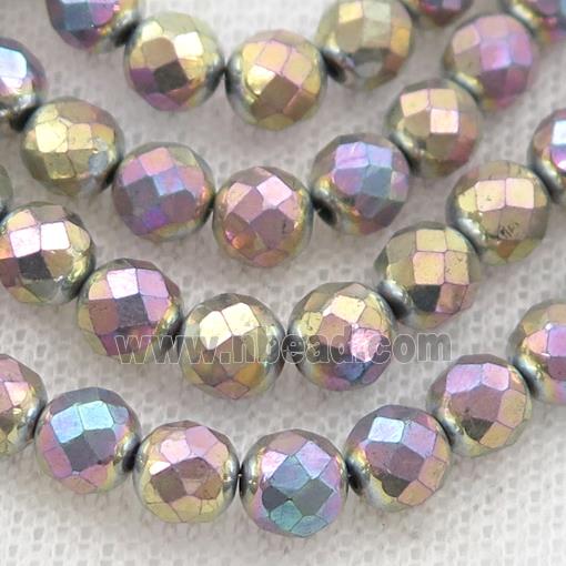 Hematite beads, faceted round, multicolor electroplated