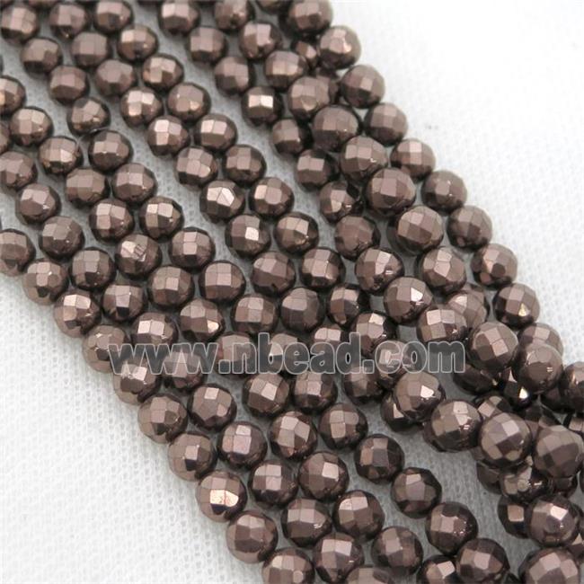 Hematite beads, faceted round, chocolate electroplated