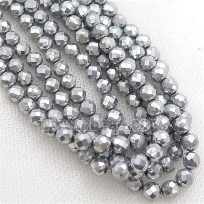 Hematite beads, faceted round, platinum electroplated