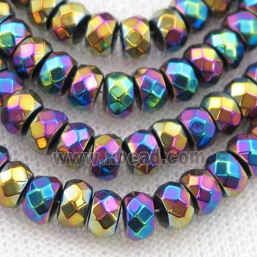 Hematite beads, faceted rondelle, rainbow electroplated