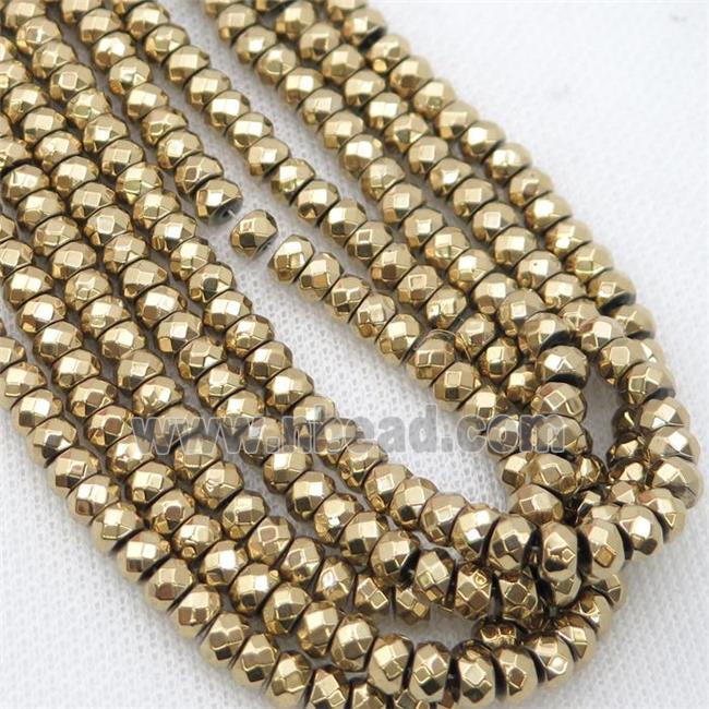 Hematite beads, faceted rondelle, lt.gold electroplated