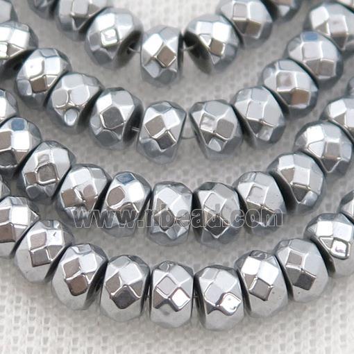 Hematite beads, faceted rondelle, platinum electroplated