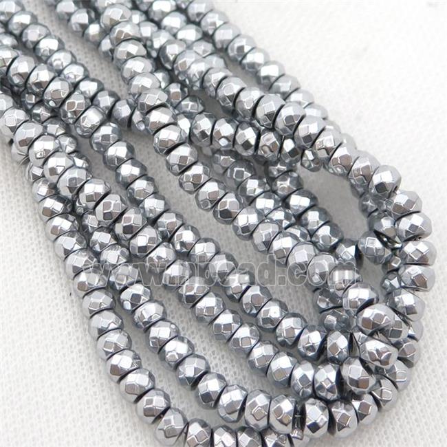 Hematite beads, faceted rondelle, platinum electroplated