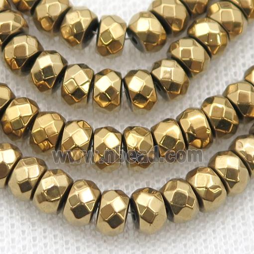 Hematite beads, faceted rondelle, gold electroplated