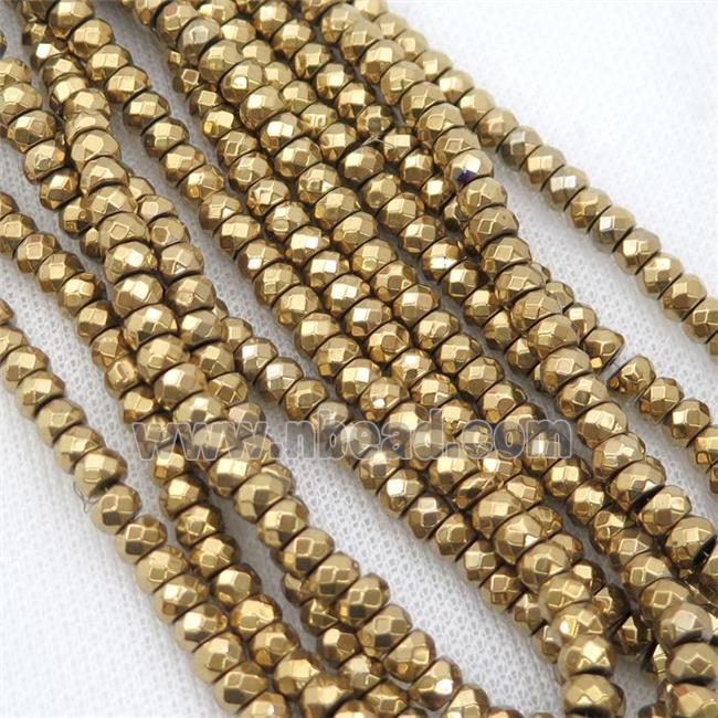 Hematite beads, faceted rondelle, gold electroplated