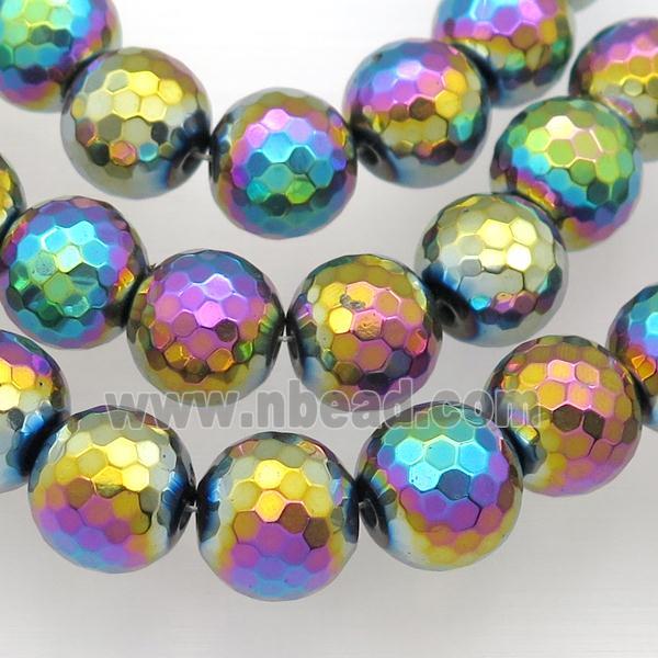 Hematite beads, faceted round, rainbow electroplated