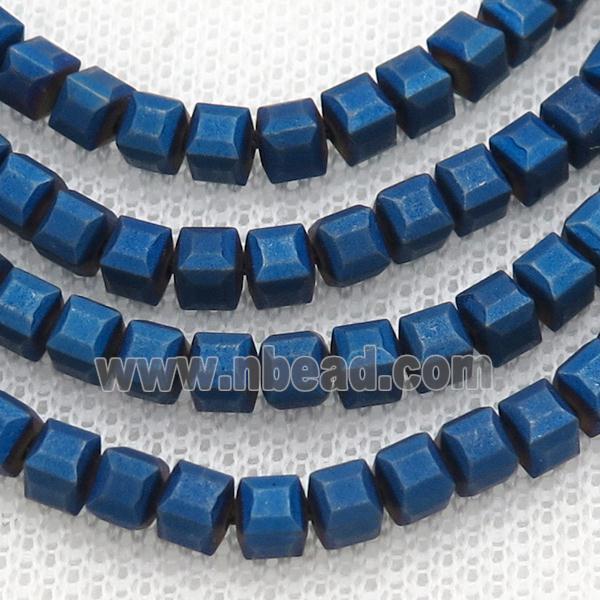 Blue Hematite Cube Beads Faceted Electroplated