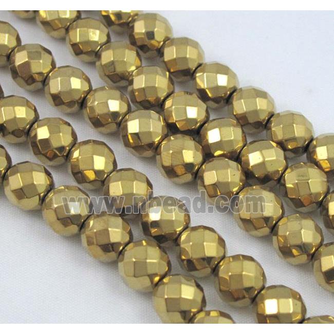Hematite Beads Faceted Round Gold Plated