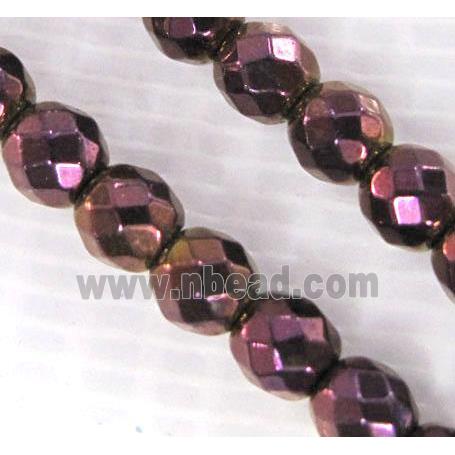 Hematite bead, no-Magnetic, faceted round, purple electroplated