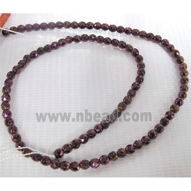 Hematite bead, no-Magnetic, faceted round, purple electroplated