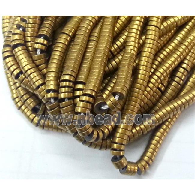 matte Hematite heishi beads, no-Magnetic, disc, gold electroplated
