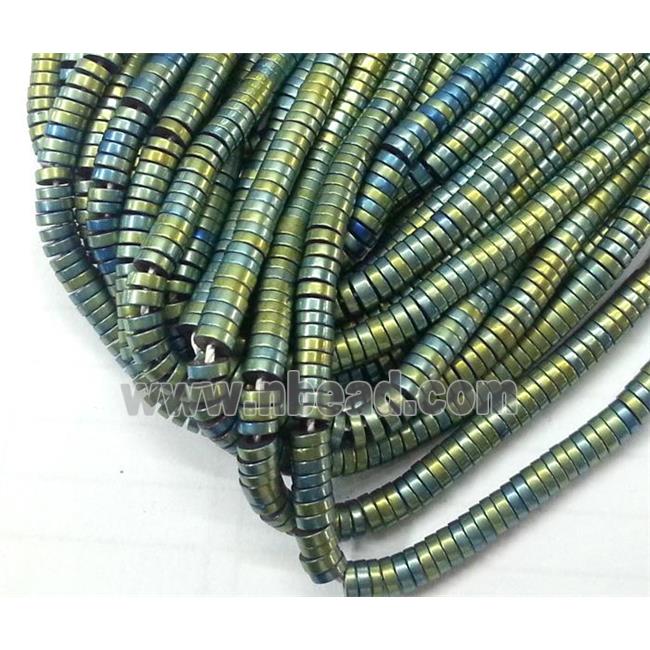 matte Hematite heishi disc beads, no-Magnetic, green electroplated