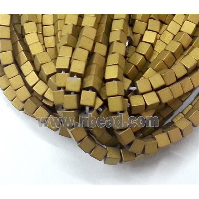 matte Hematite beads, no-Magnetic, cube, gold electroplated
