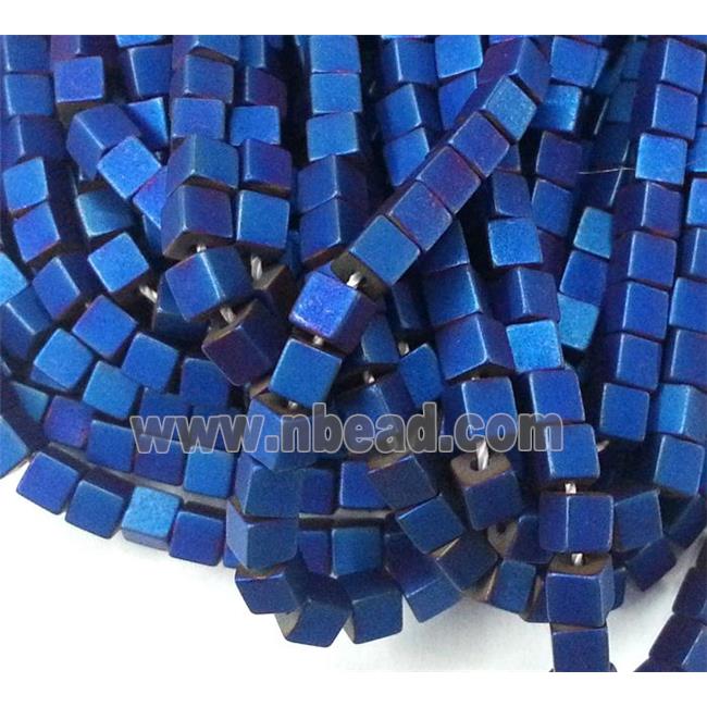 matte Hematite beads, no-Magnetic, cube, blue electroplated