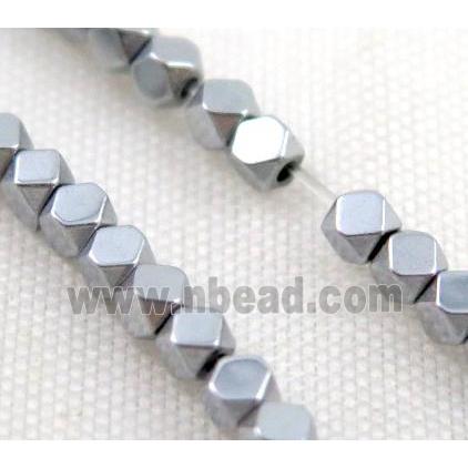 Hematite bead, faceted cube, platinum electroplated